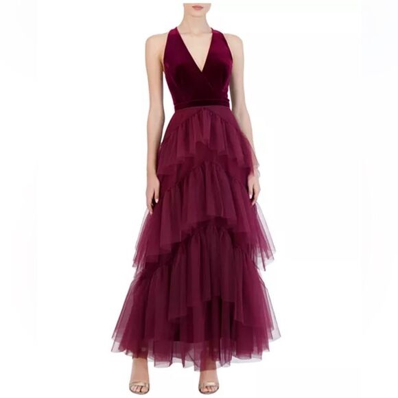 BCBGMAXAZRIA Keyhole Back Velvet & Tiered Tulle Dress, Cabernet Burgundy XL - Picture 5 of 6